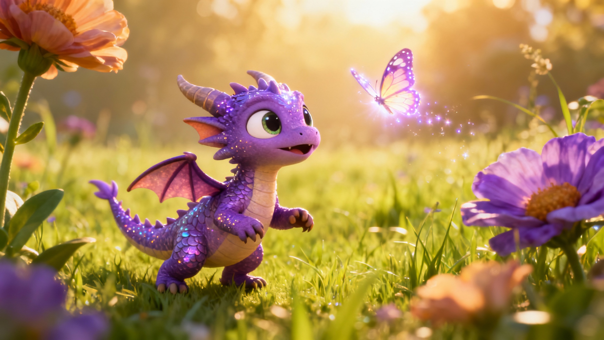 A high-quality 3D animation still of a cute baby dragon playfully chasing a glowing butterfly in a magical, sunny meadow, illustrating a kids' animation style.