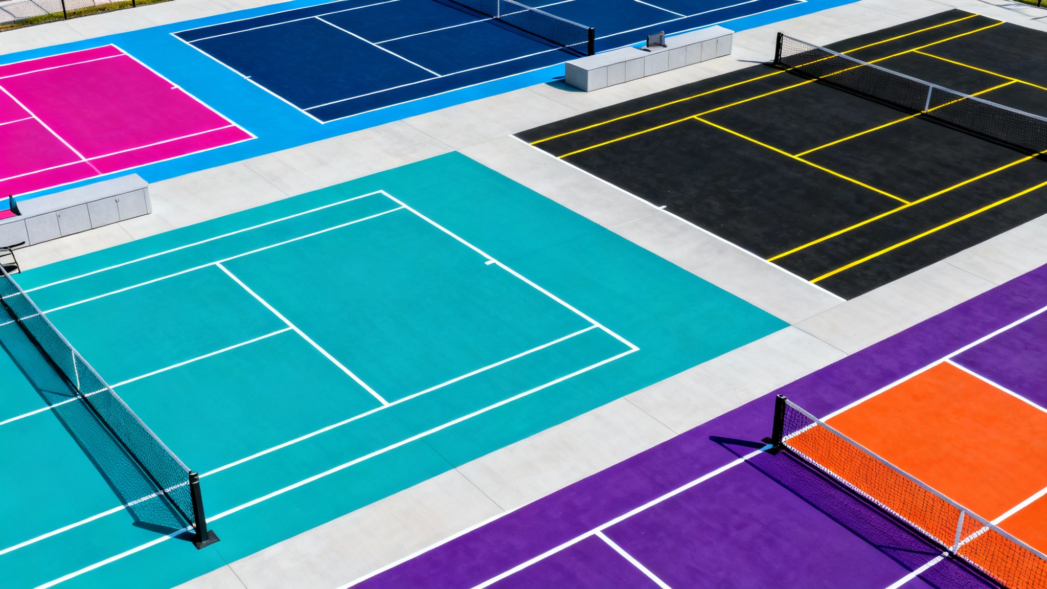An aerial view of four pickleball courts, each designed with a unique and vibrant color combination, demonstrating the output of a pickleball court colorizer tool.