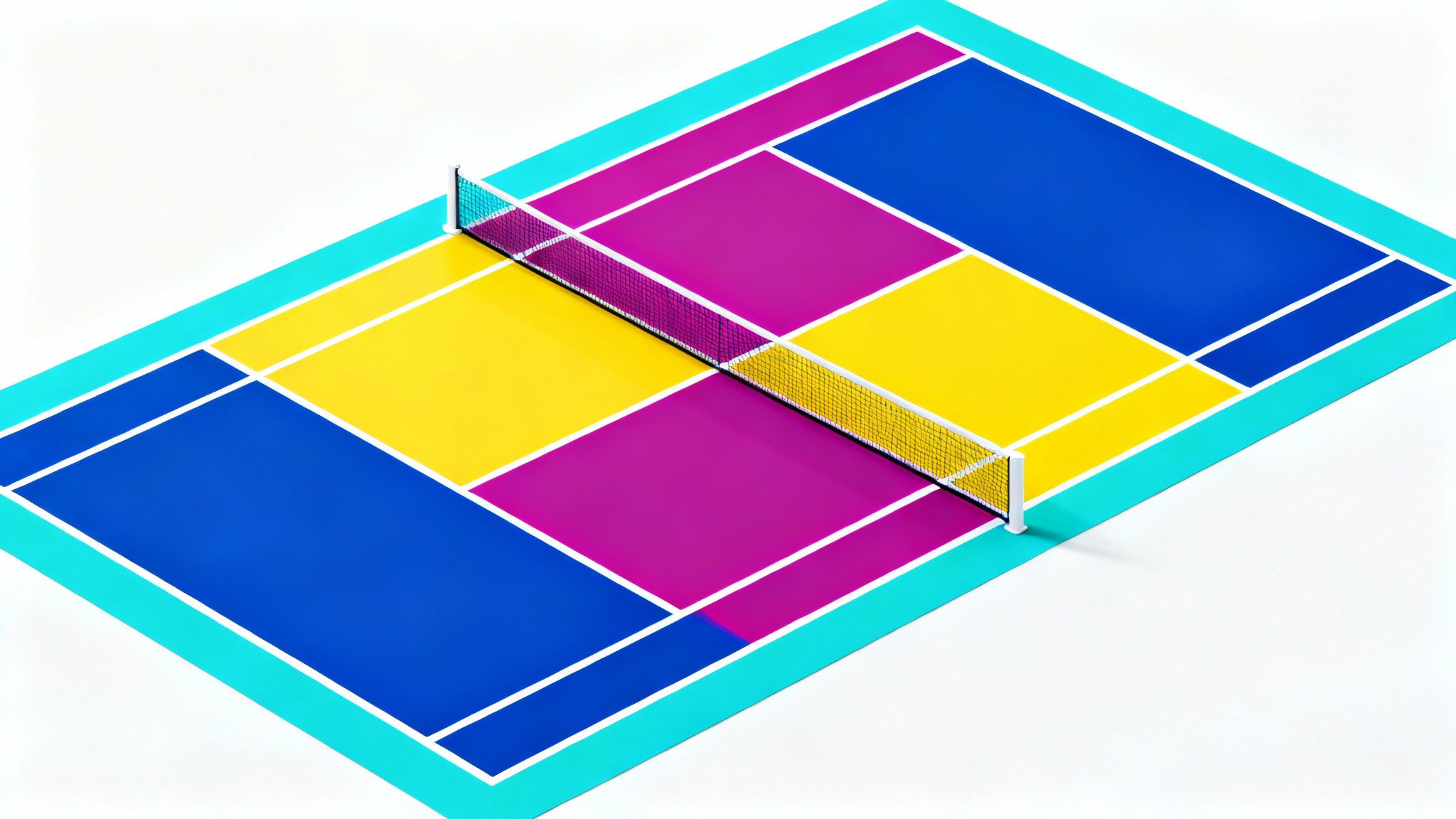 A stylized, high-angle view of a pickleball court with its surface divided into four vibrant color blocks—teal, magenta, yellow, and blue—on a clean white background, illustrating color customization options.