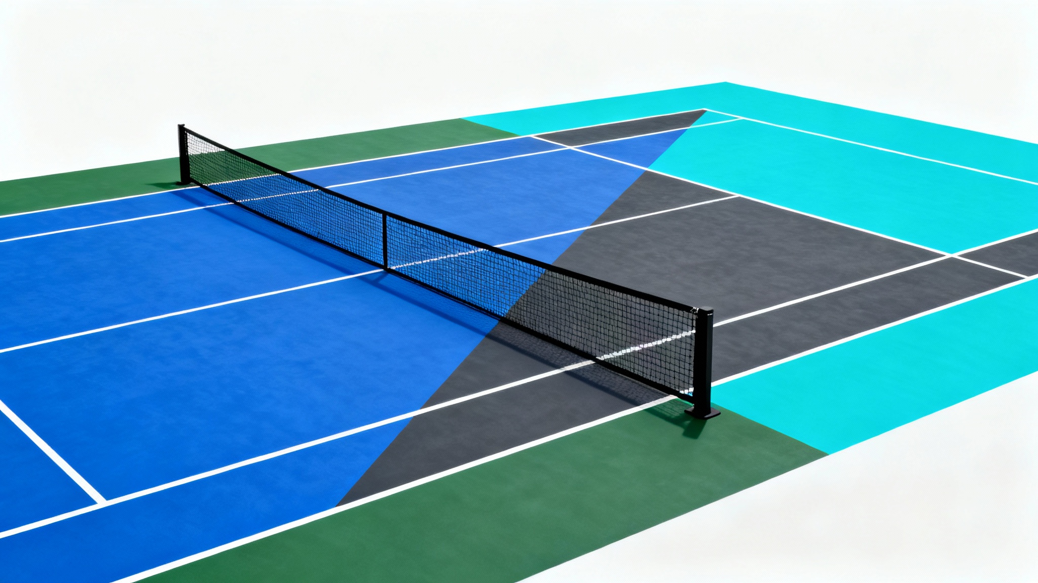 A pickleball court shown from above, split into two different color schemes, one side is classic blue and green, the other is modern charcoal and teal, to illustrate color customization options.