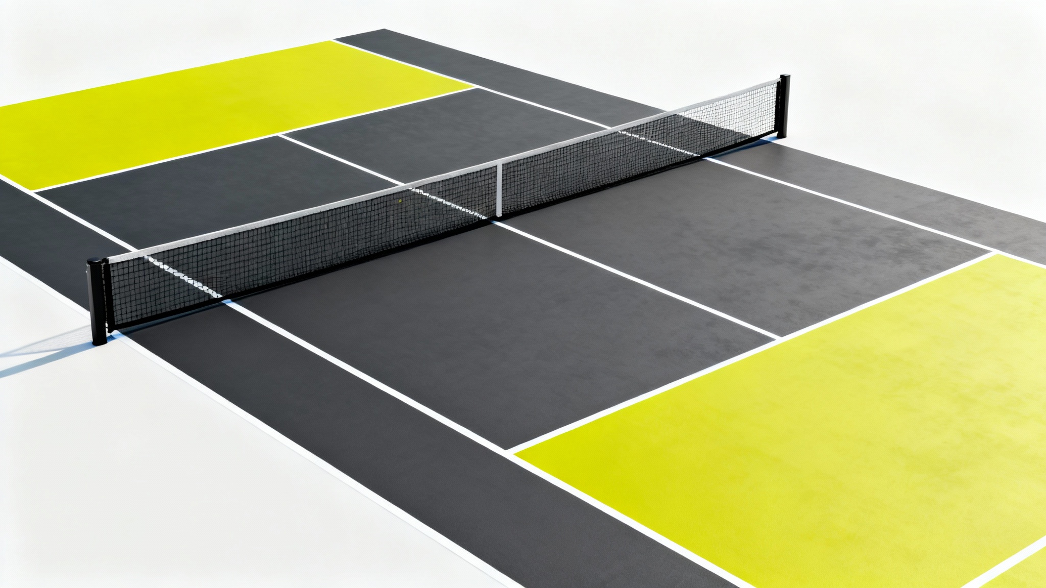 A modern pickleball court with a charcoal gray and sunny yellow color scheme, viewed from an isometric angle against a clean white background.