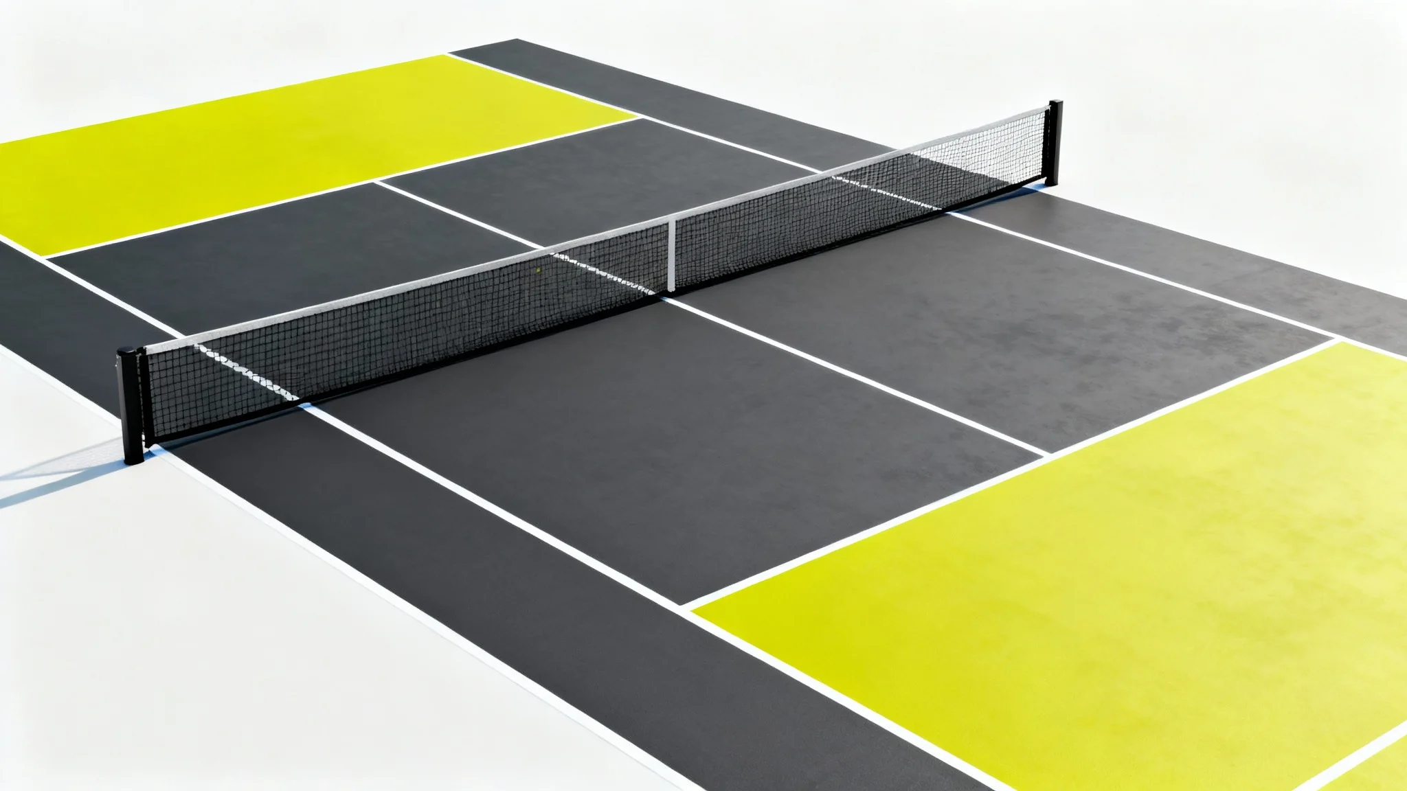 A modern pickleball court with a charcoal gray and sunny yellow color scheme, viewed from an isometric angle against a clean white background.