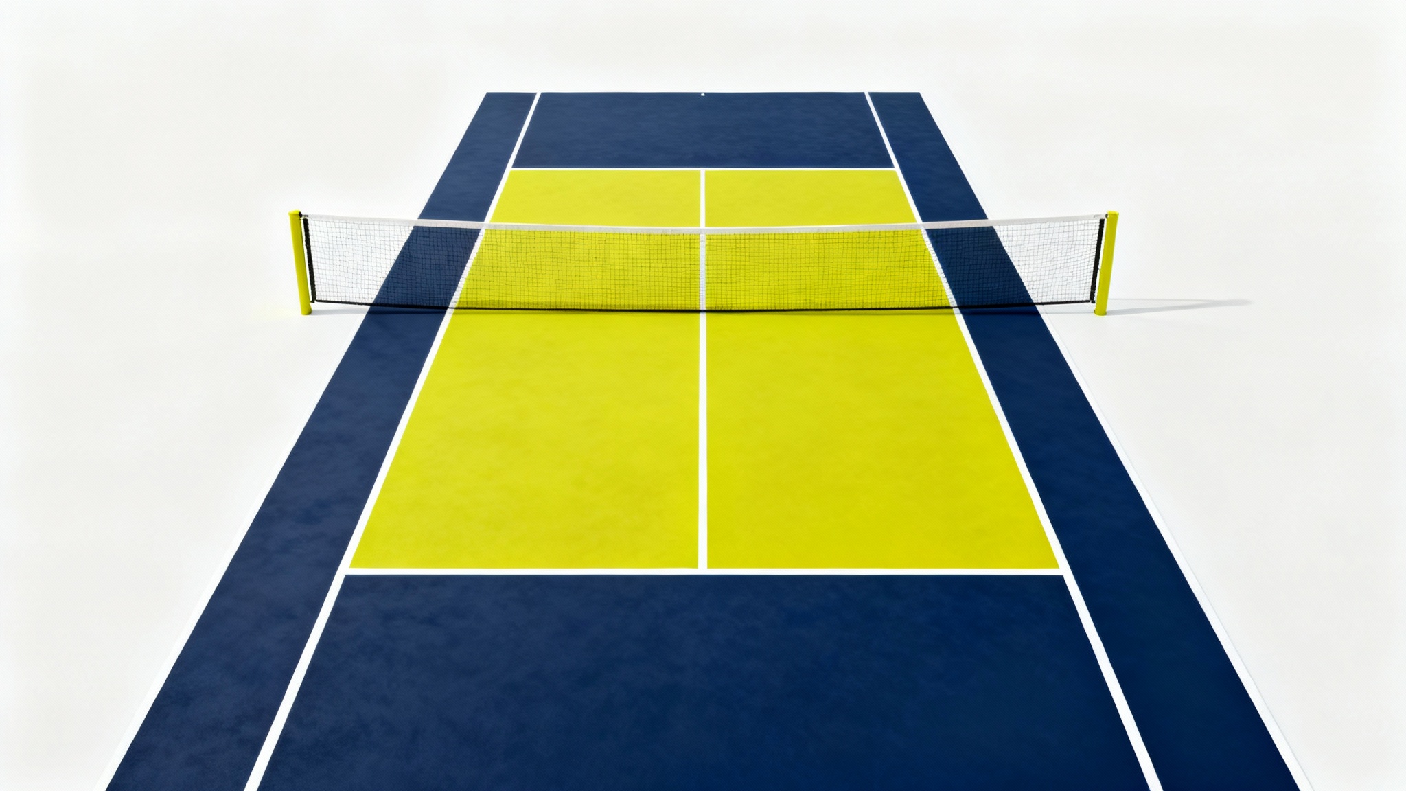 A high-angle shot of a custom-colored pickleball court with a navy blue playing area and a bright yellow kitchen, set against a clean white background.