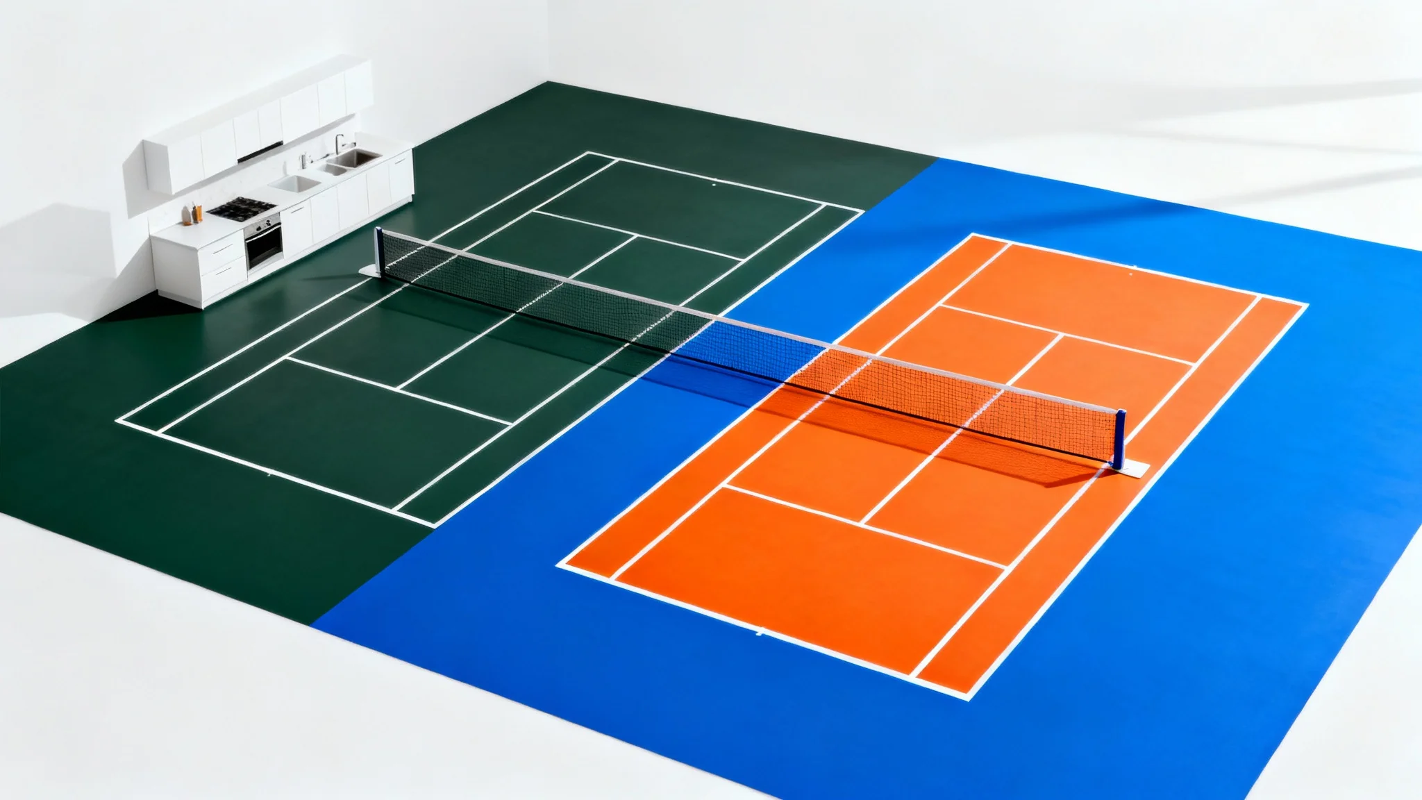 A modern pickleball court mockup on a white background, with the left side colored traditional green and the right side colored vibrant blue and orange, demonstrating color customization options.