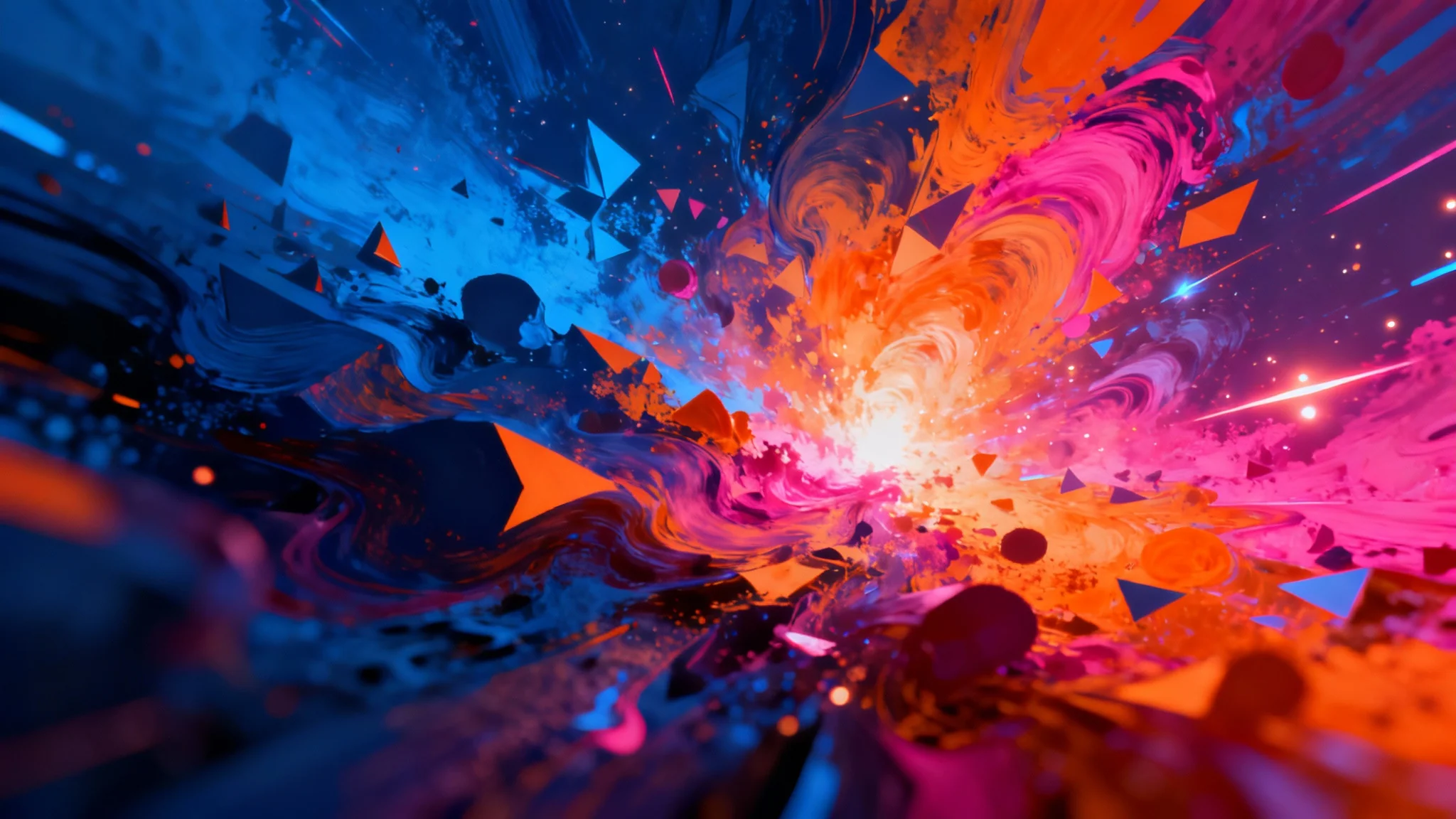A vibrant and dynamic abstract digital painting with a 16:9 aspect ratio, featuring a complex interplay of swirling shapes, geometric lines, and bold colors like blue, orange, and magenta, creating a sense of depth and energy.