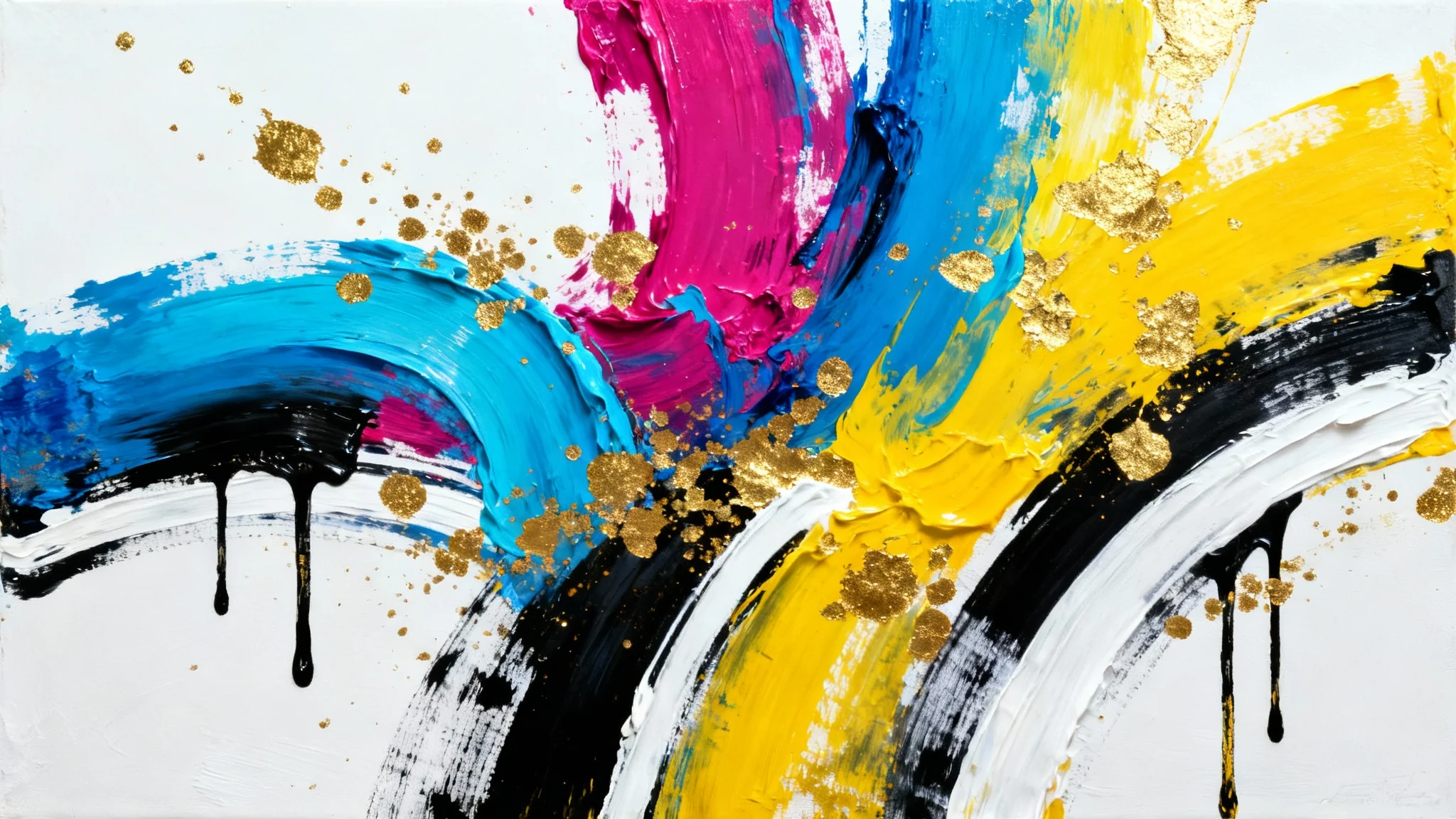 A modern abstract painting with bold strokes of blue, magenta, and yellow, accented with gold splatters, presented as a mockup on a clean white background.