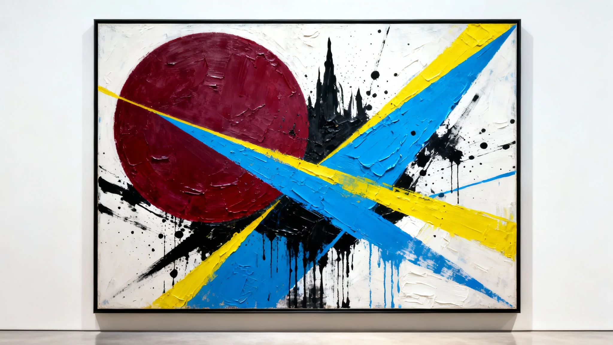 A modern abstract painting in a simple black frame against a white background, featuring a vibrant composition of colorful geometric shapes and textured brushstrokes.