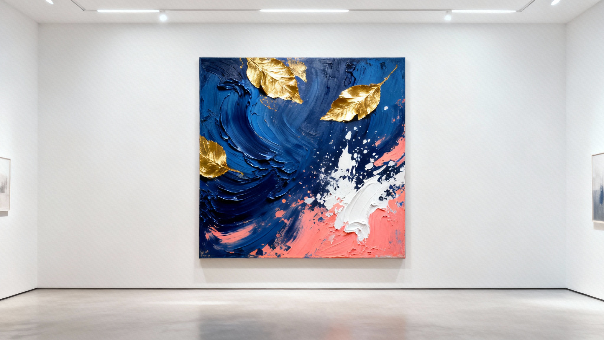 A large, modern abstract painting with blue, gold, and coral tones hanging on a clean white gallery wall.