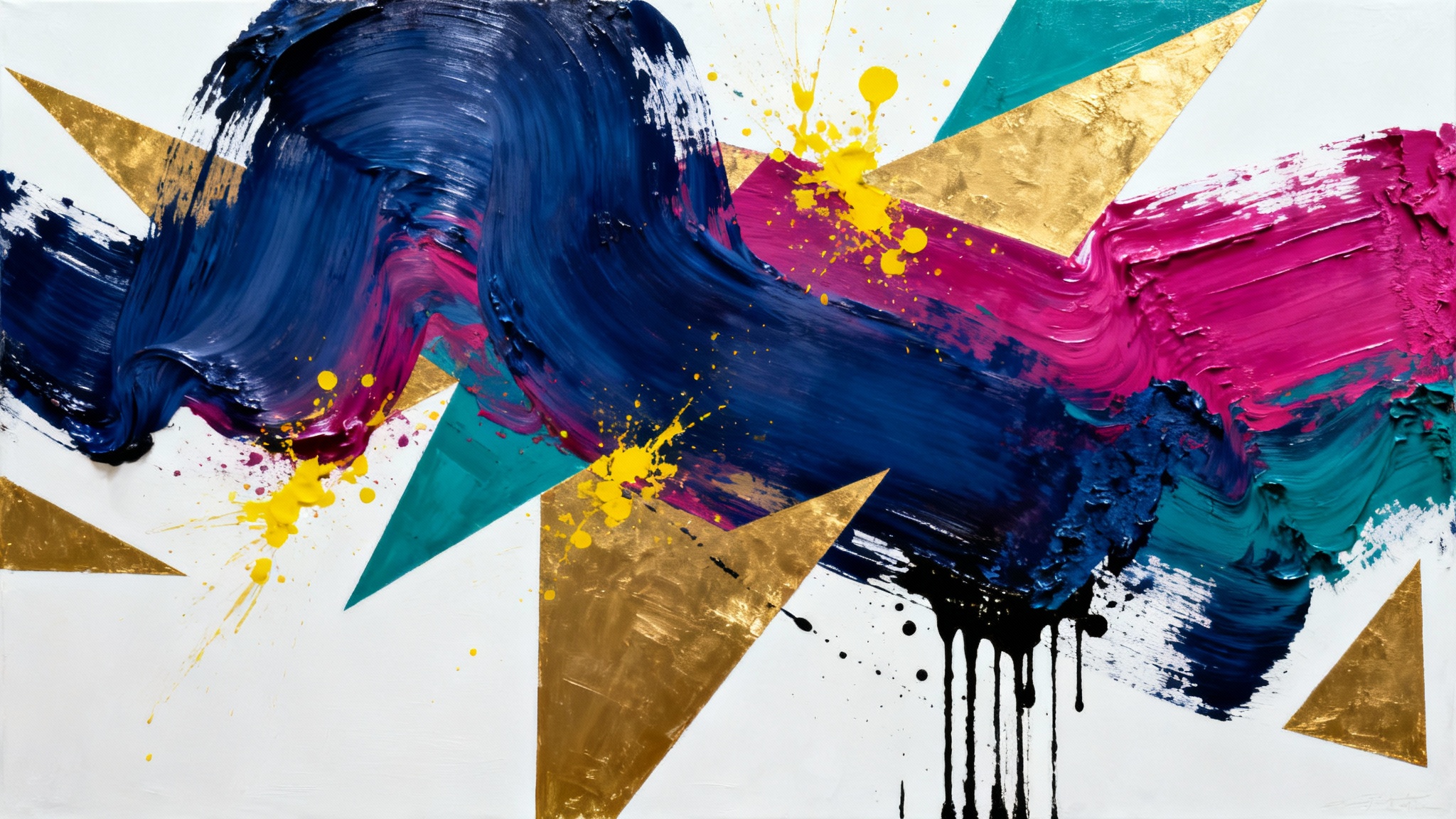 A modern abstract painting with a dynamic mix of colorful, sweeping brushstrokes and sharp geometric shapes, displayed against a clean white background.