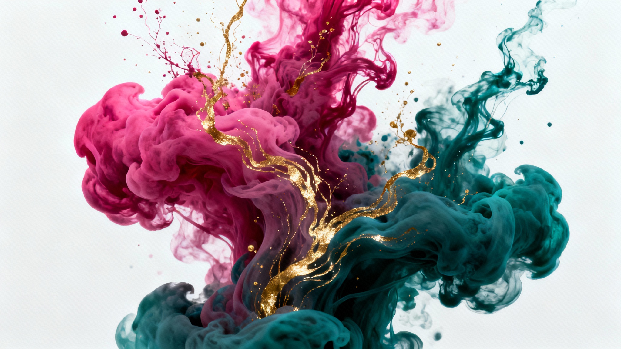 A vibrant and dynamic abstract artwork featuring swirls of magenta, teal, and gold ink mixing together in a fluid motion, isolated against a stark white background.