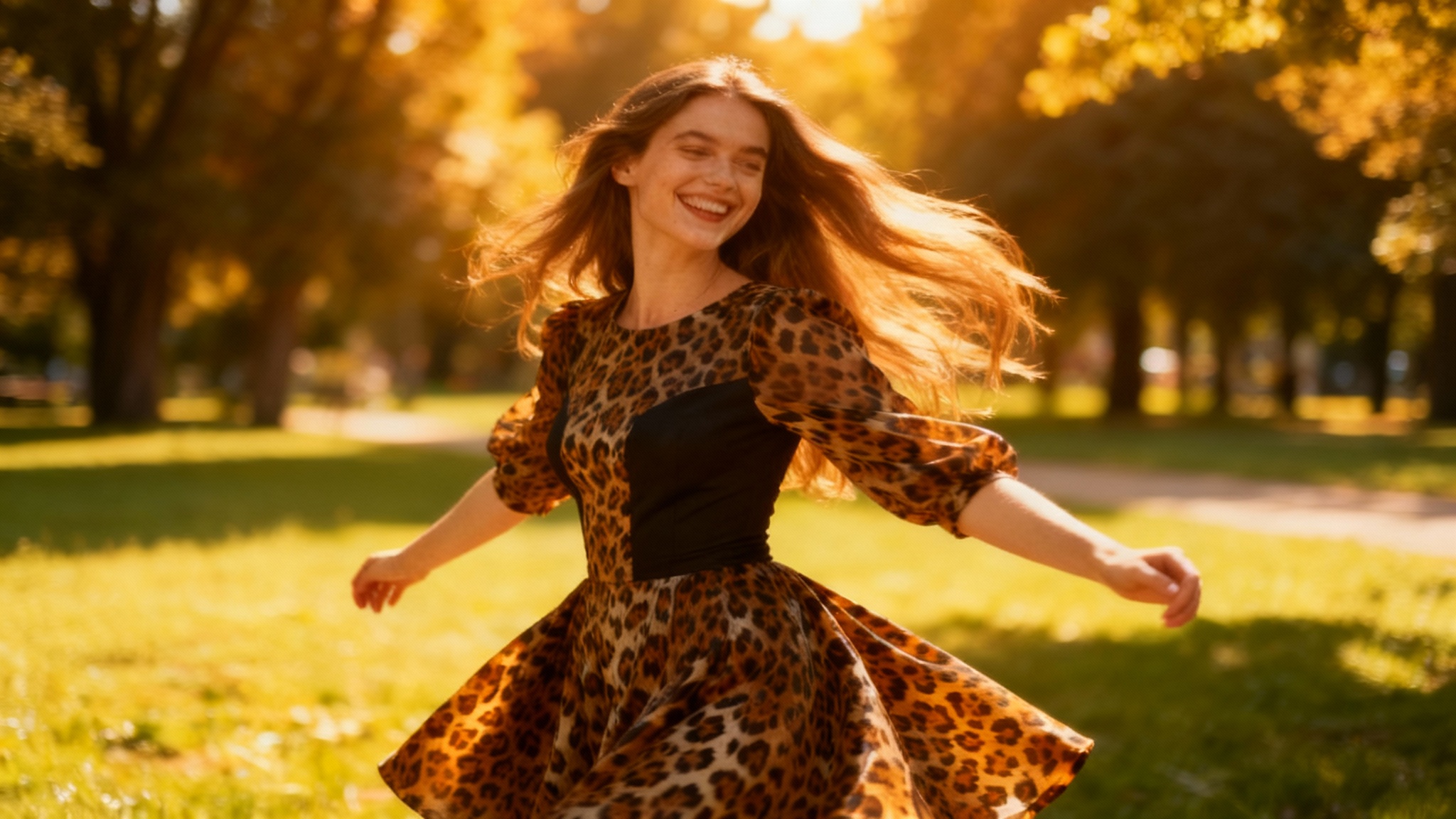 A polished photograph of a woman in a sunlit park, modeling a dress that has had a realistic leopard print pattern applied to it as a design overlay.