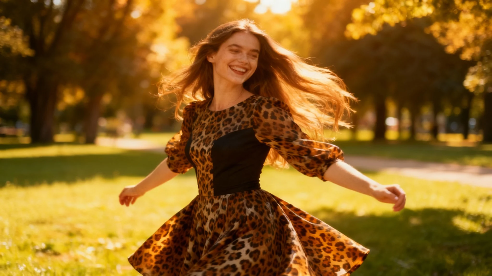A polished photograph of a woman in a sunlit park, modeling a dress that has had a realistic leopard print pattern applied to it as a design overlay.