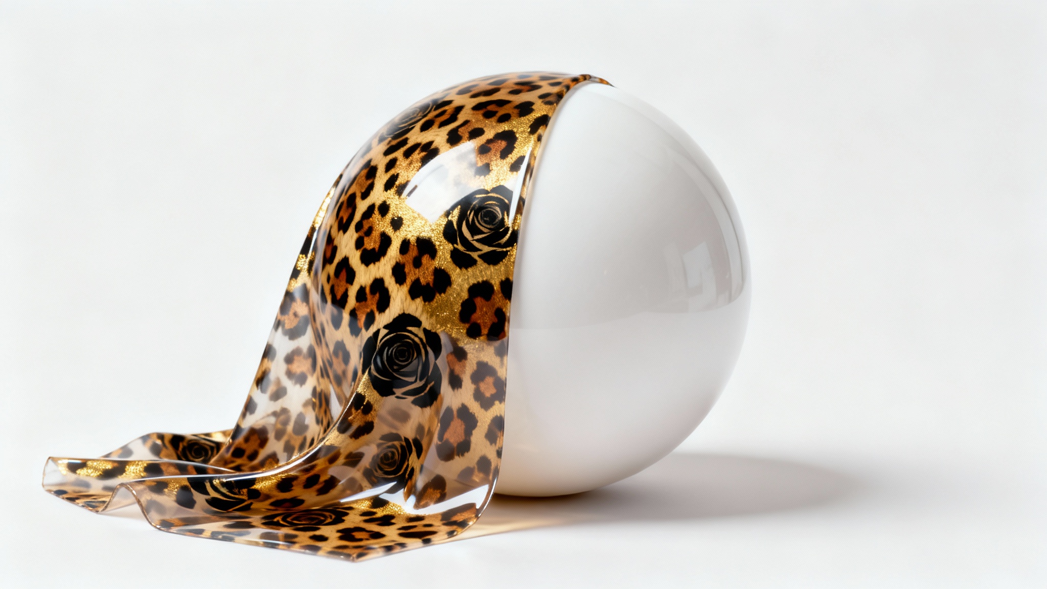 A photorealistic image of a leopard print pattern being applied as a glossy overlay to a white sphere against a plain white background, illustrating a design effect.