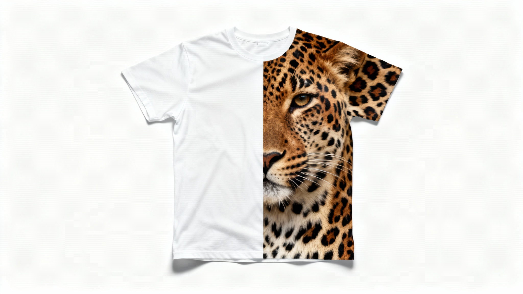 A flat lay of a white t-shirt on a white background, with the right half covered in a realistic leopard print pattern, demonstrating an overlay effect.