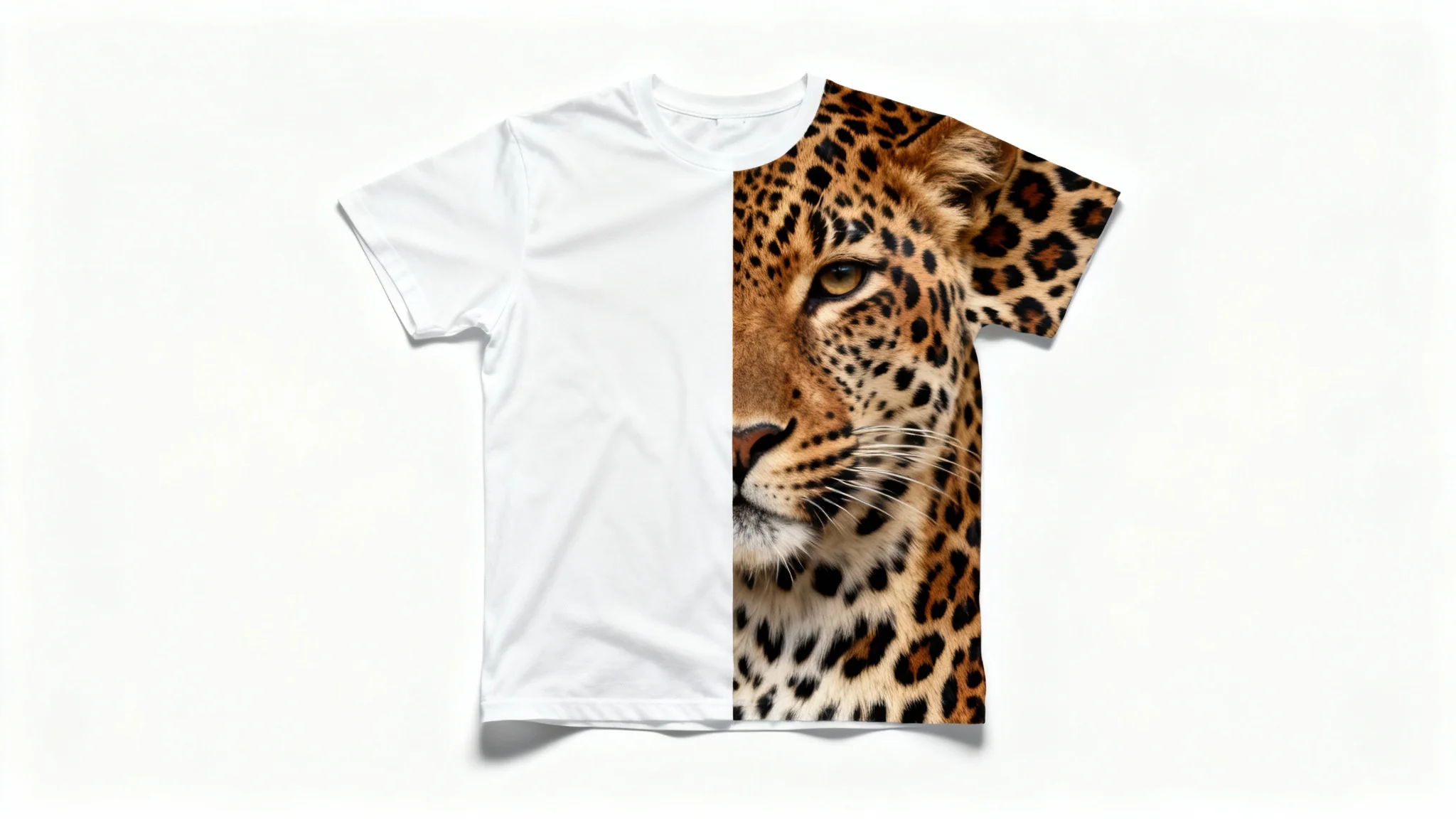 A flat lay of a white t-shirt on a white background, with the right half covered in a realistic leopard print pattern, demonstrating an overlay effect.