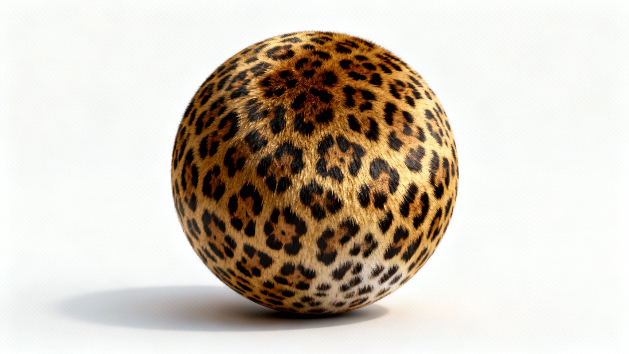 A photorealistic image of a perfect sphere with a classic leopard print pattern overlay, resting on a clean white background.