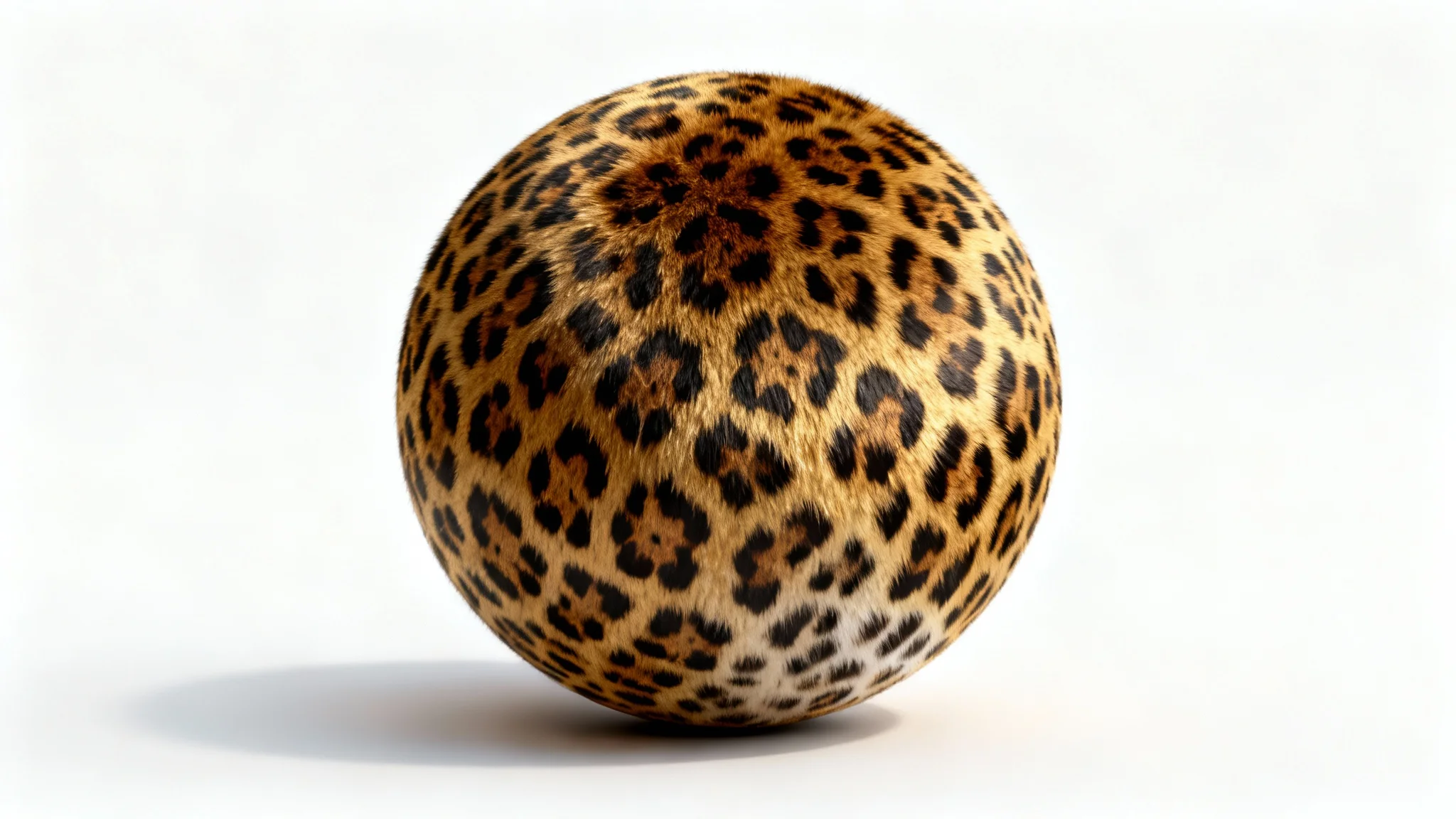 A photorealistic image of a perfect sphere with a classic leopard print pattern overlay, resting on a clean white background.
