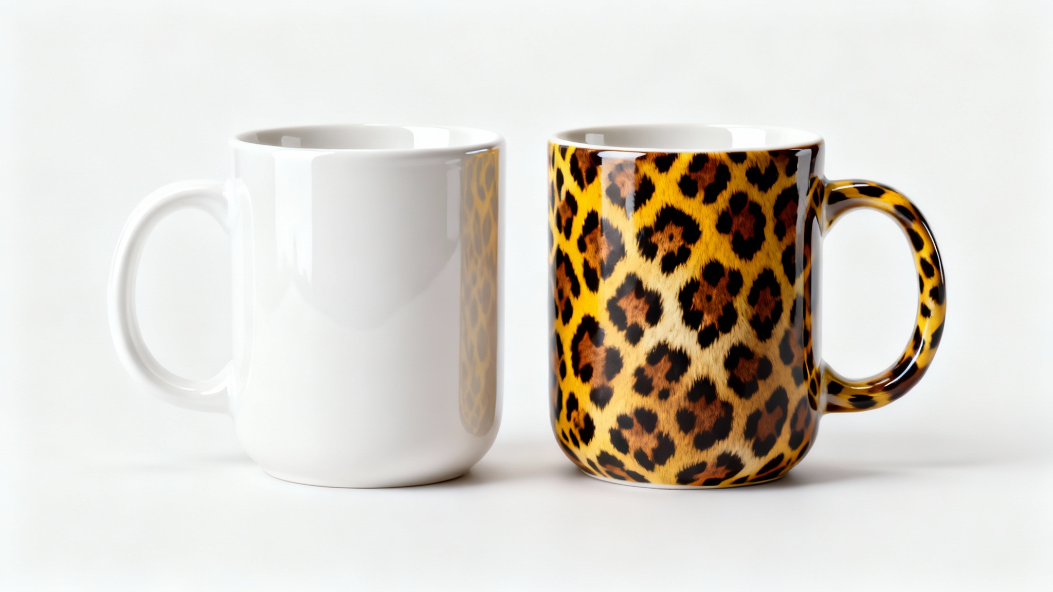 A side-by-side comparison of two coffee mugs on a white background. The mug on the left is plain white, while the mug on the right has a stylish leopard print pattern applied, demonstrating an overlay effect.