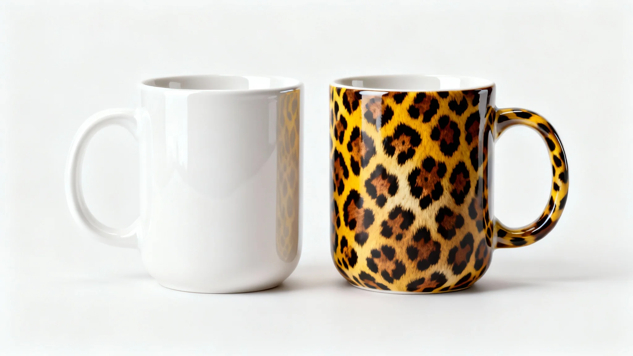 A side-by-side comparison of two coffee mugs on a white background. The mug on the left is plain white, while the mug on the right has a stylish leopard print pattern applied, demonstrating an overlay effect.