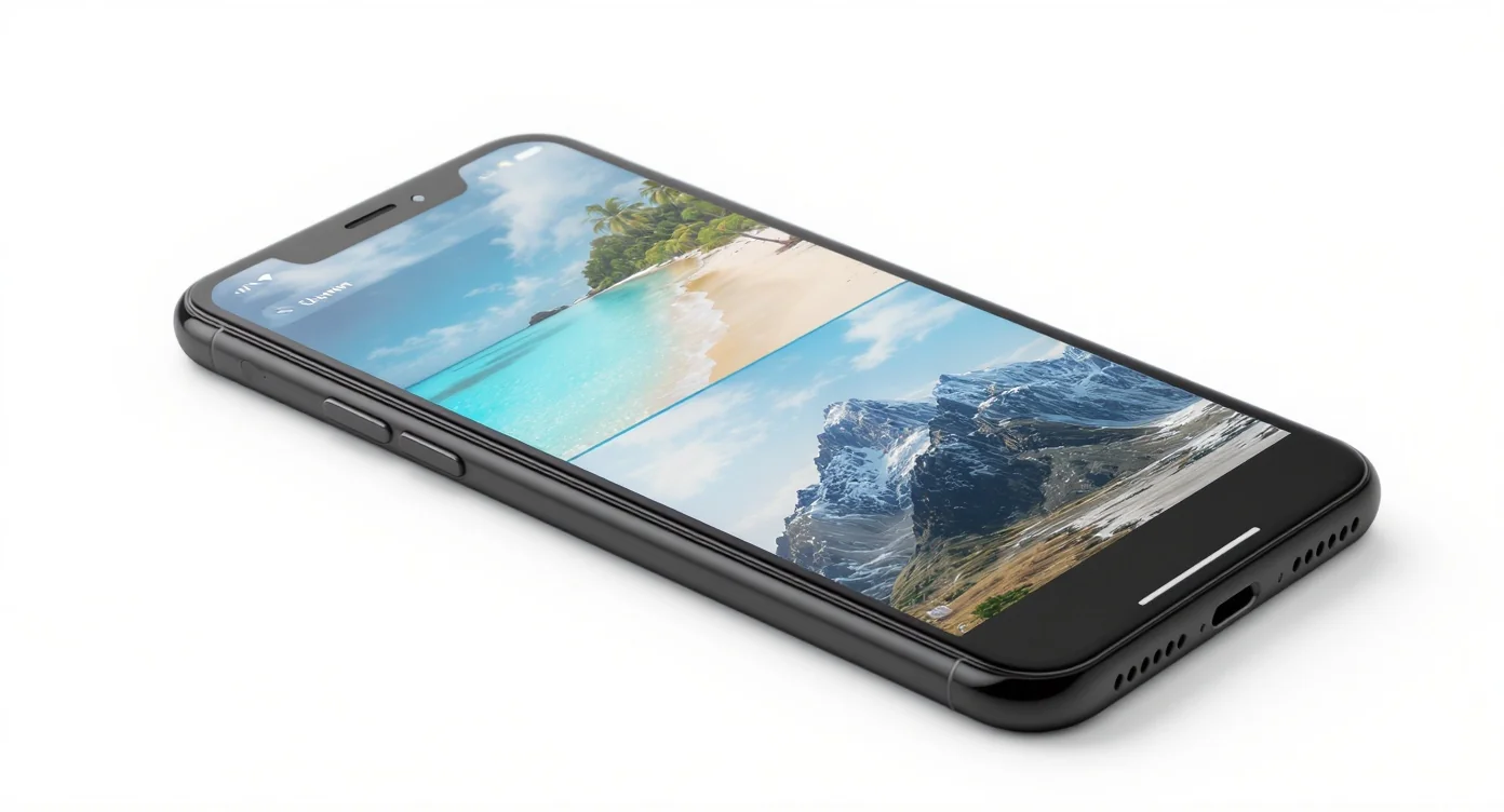 A realistic mockup of a modern black smartphone displaying a travel app interface with scenic photos, set against a clean white background.