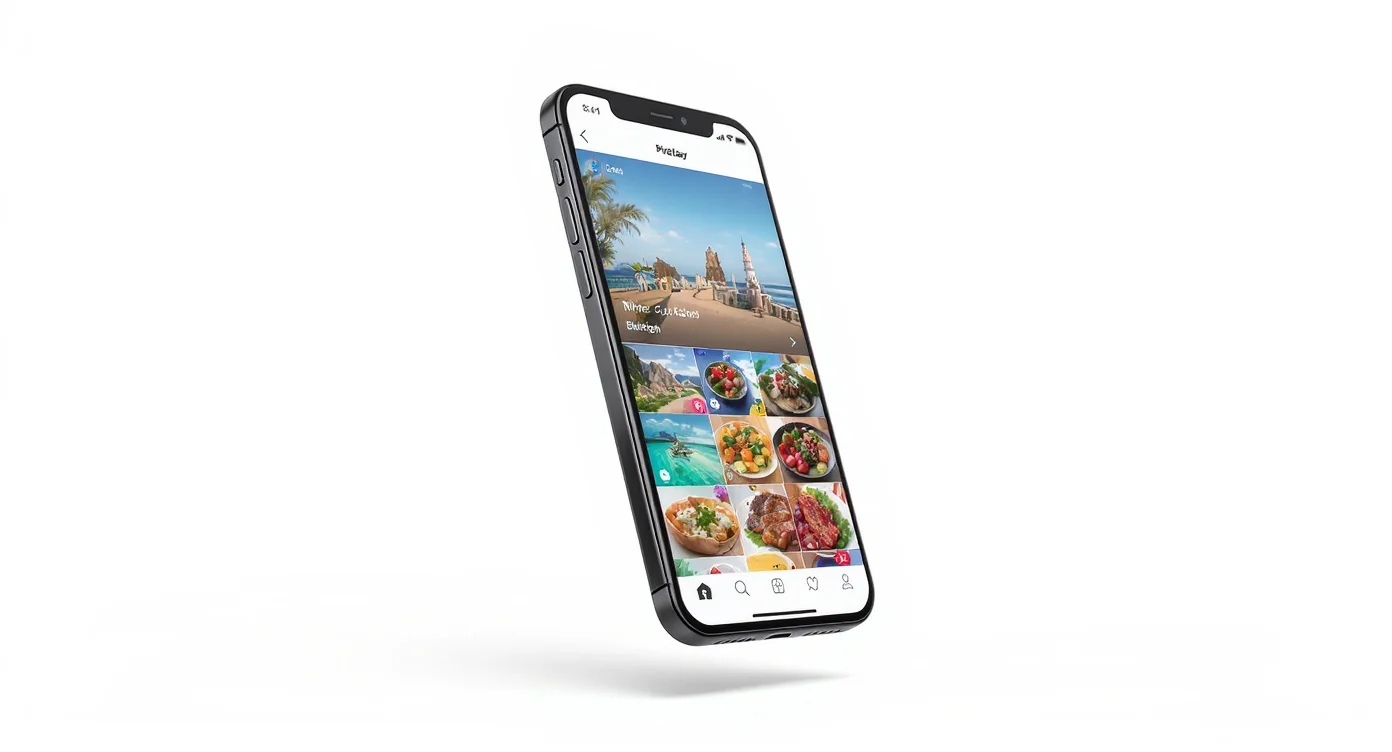 A realistic mockup of a modern black smartphone, angled to showcase a vibrant photo-sharing app on its screen, floating against a clean white background.
