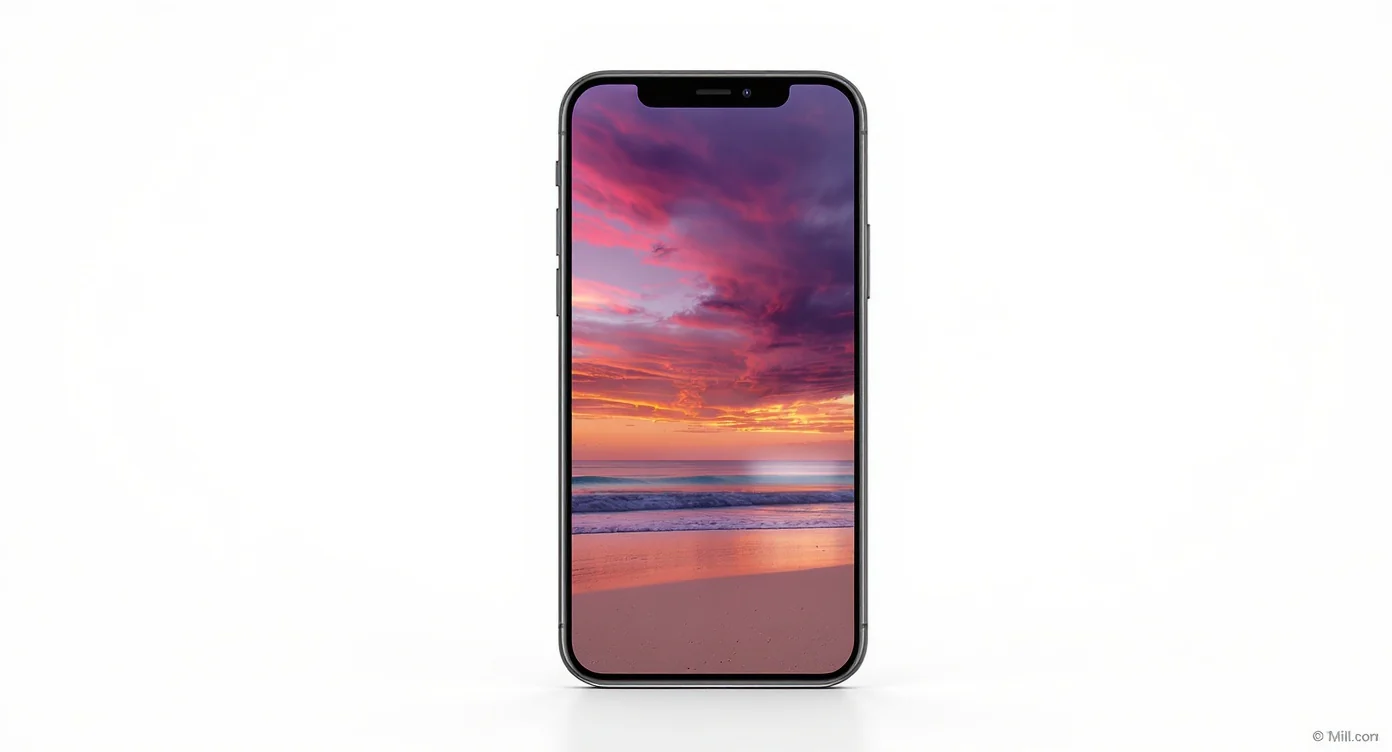 A realistic mockup of a modern smartphone displaying a beautiful beach sunset photo on its screen, set against a clean white background to showcase app or photo designs.