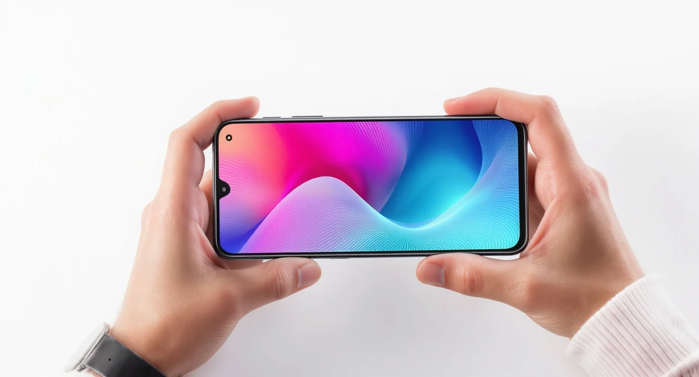 A pair of hands holding a modern black smartphone horizontally, displaying a colorful app design on the screen, set against a clean white background.