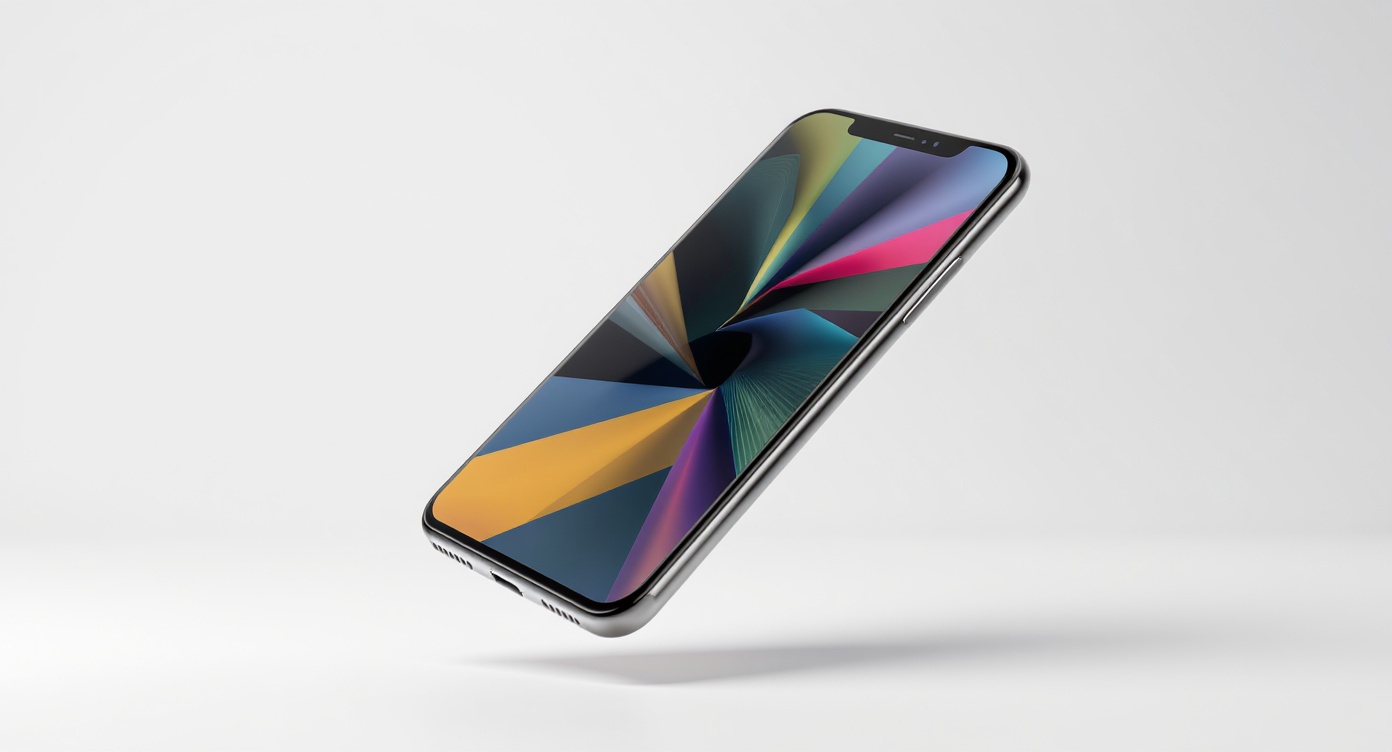 A realistic image of a modern smartphone showcasing a colorful abstract design on its screen, presented as a mockup against a white background.
