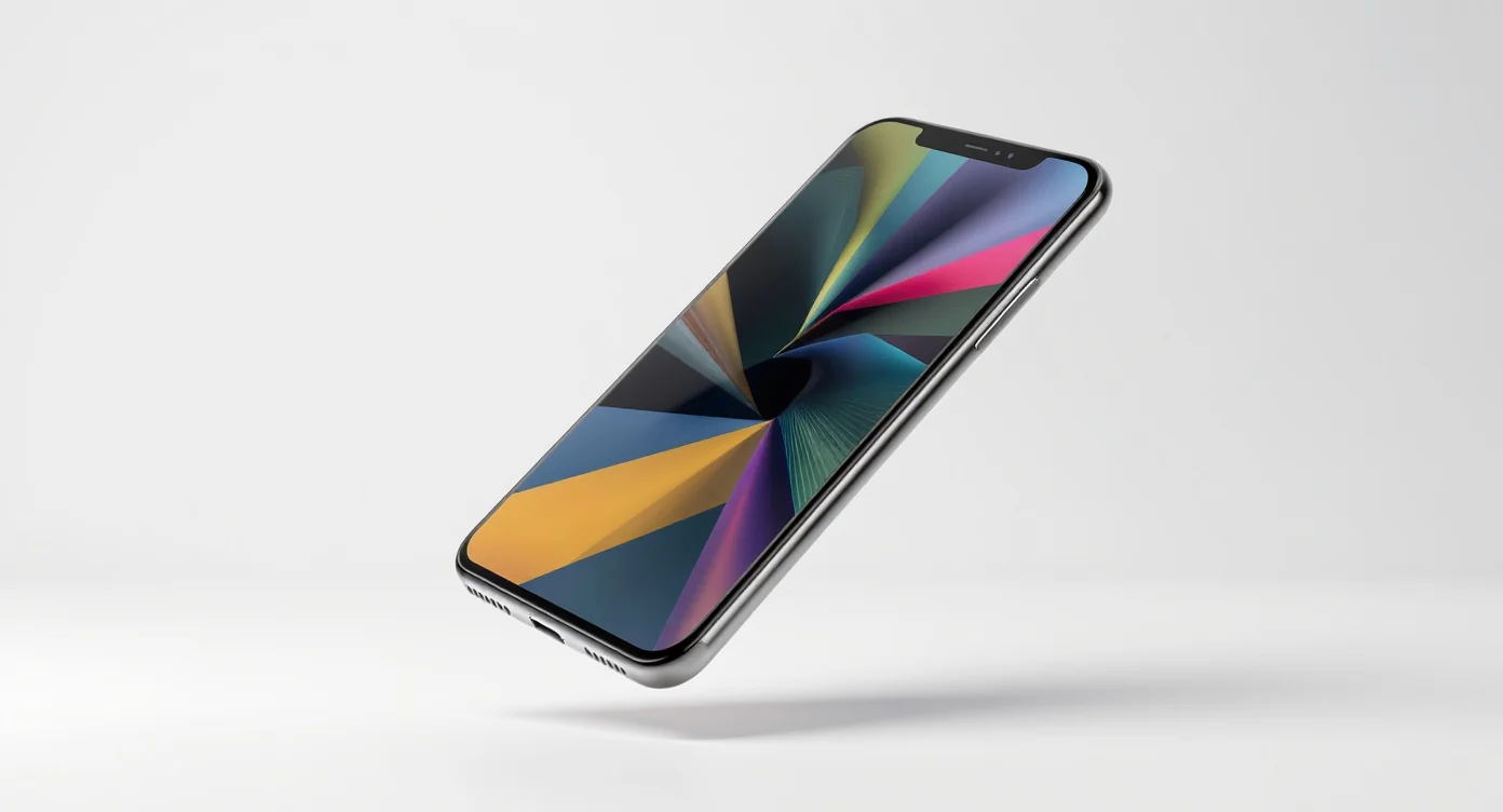 A realistic image of a modern smartphone showcasing a colorful abstract design on its screen, presented as a mockup against a white background.