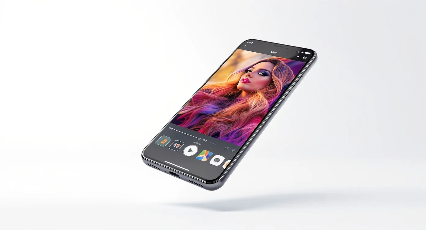 A photorealistic mockup of a modern, dark-colored smartphone floating against a white background, showcasing a vibrant photo editing app with a colorful portrait on its screen.
