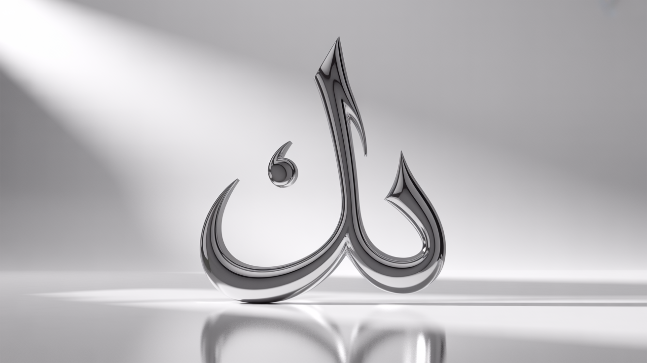 A 3D typographic sculpture of the Arabic word for 'Art' in a reflective chrome finish, set against a clean white background, demonstrating elegant Arabic calligraphy.