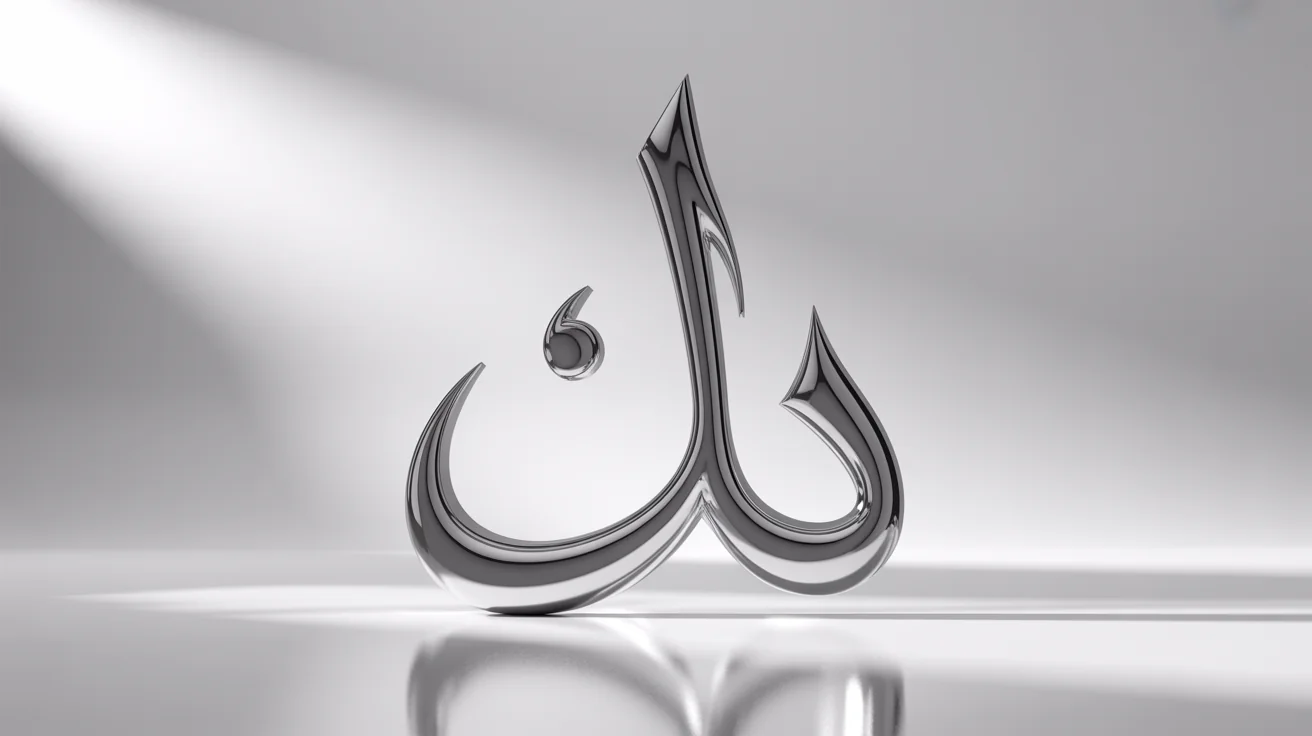 A 3D typographic sculpture of the Arabic word for 'Art' in a reflective chrome finish, set against a clean white background, demonstrating elegant Arabic calligraphy.