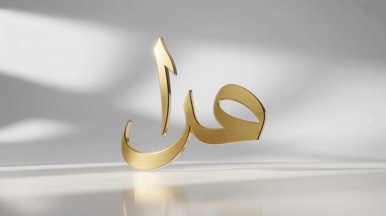 A 3D rendering of the Arabic word for 'Art' (فن) in elegant, golden calligraphy, floating over a clean white background.