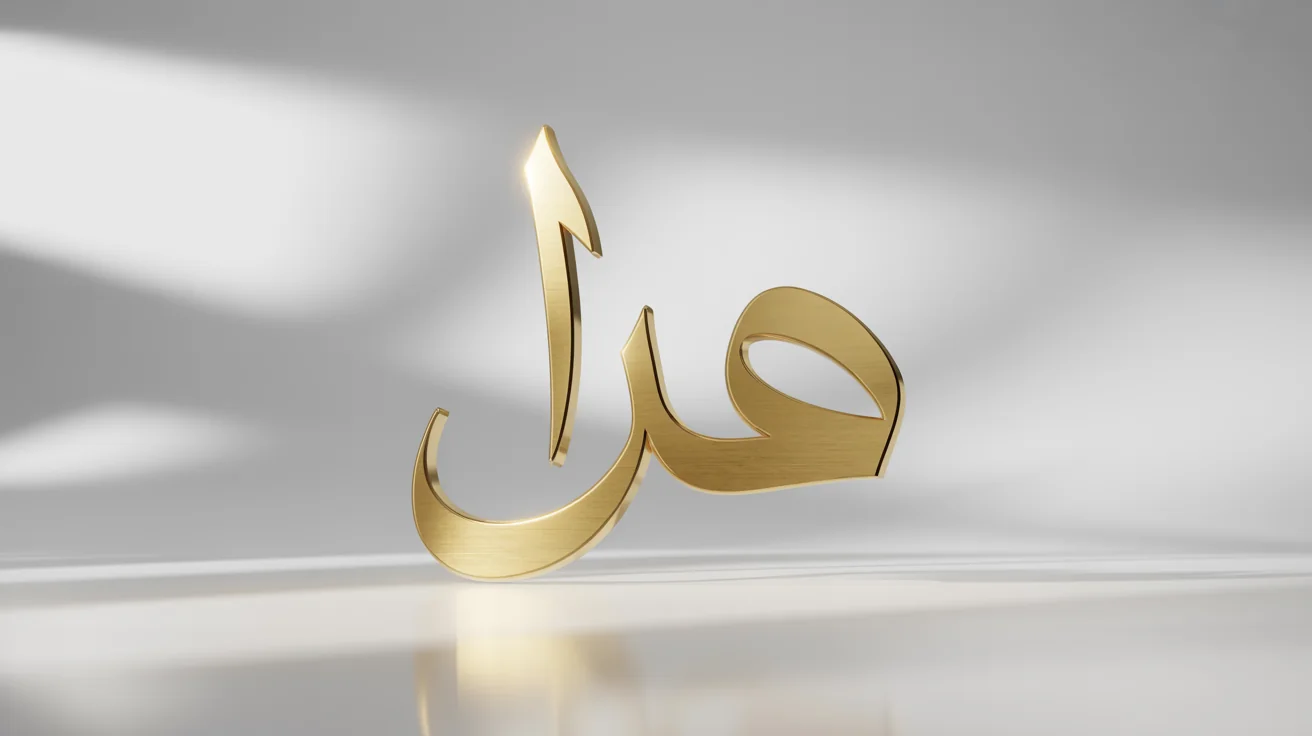 A 3D rendering of the Arabic word for 'Art' (فن) in elegant, golden calligraphy, floating over a clean white background.