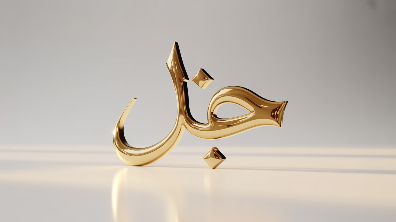 A close-up, hyper-realistic image of the Arabic word 'فن' (Art) crafted in polished 3D gold, showcasing modern and luxurious Arabic typography on a clean white background.