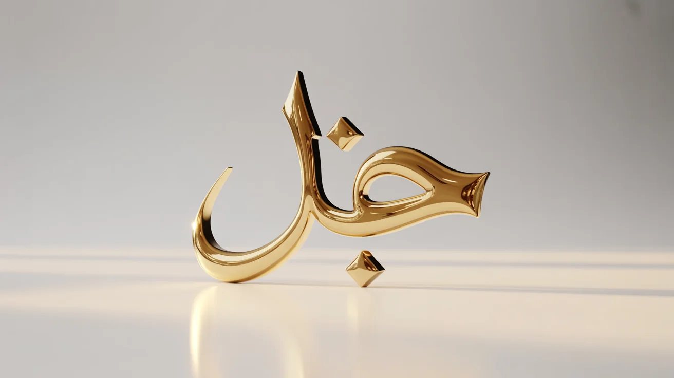 A close-up, hyper-realistic image of the Arabic word 'فن' (Art) crafted in polished 3D gold, showcasing modern and luxurious Arabic typography on a clean white background.