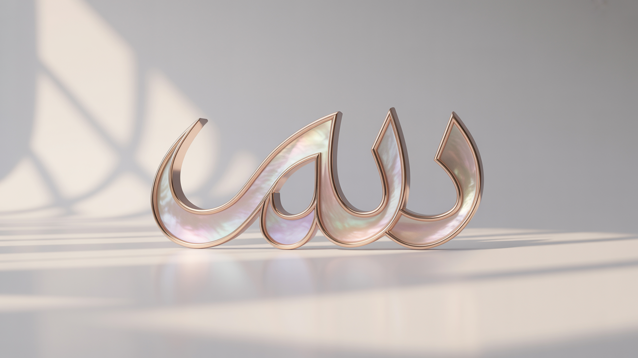 A close-up of a 3D rendering of the Arabic word for 'Art' ('فن') in a modern calligraphic style, crafted from iridescent mother-of-pearl against a stark white background.