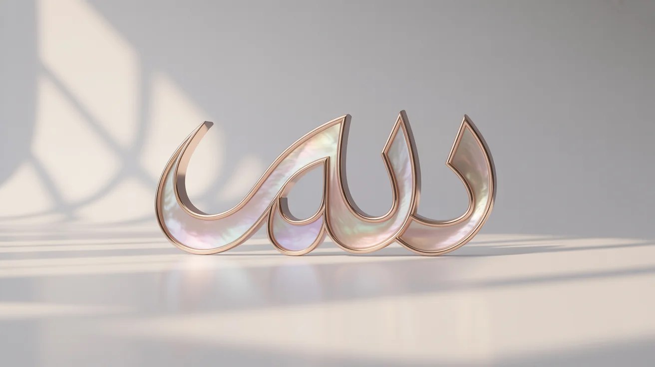 A close-up of a 3D rendering of the Arabic word for 'Art' ('فن') in a modern calligraphic style, crafted from iridescent mother-of-pearl against a stark white background.