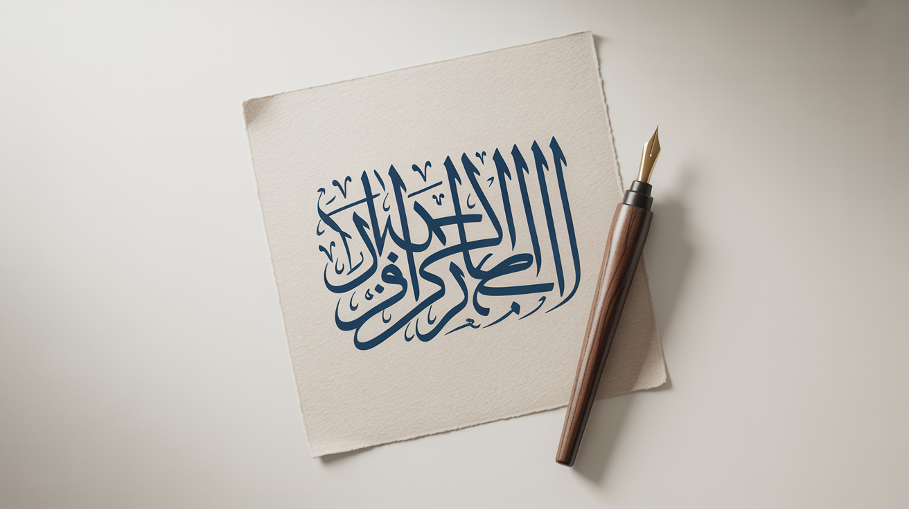 An elegant mockup of Arabic typography featuring the phrase 'Beautiful Art' in dark blue ink on textured paper, placed next to a calligraphy pen on a white background.