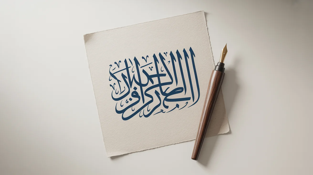 An elegant mockup of Arabic typography featuring the phrase 'Beautiful Art' in dark blue ink on textured paper, placed next to a calligraphy pen on a white background.