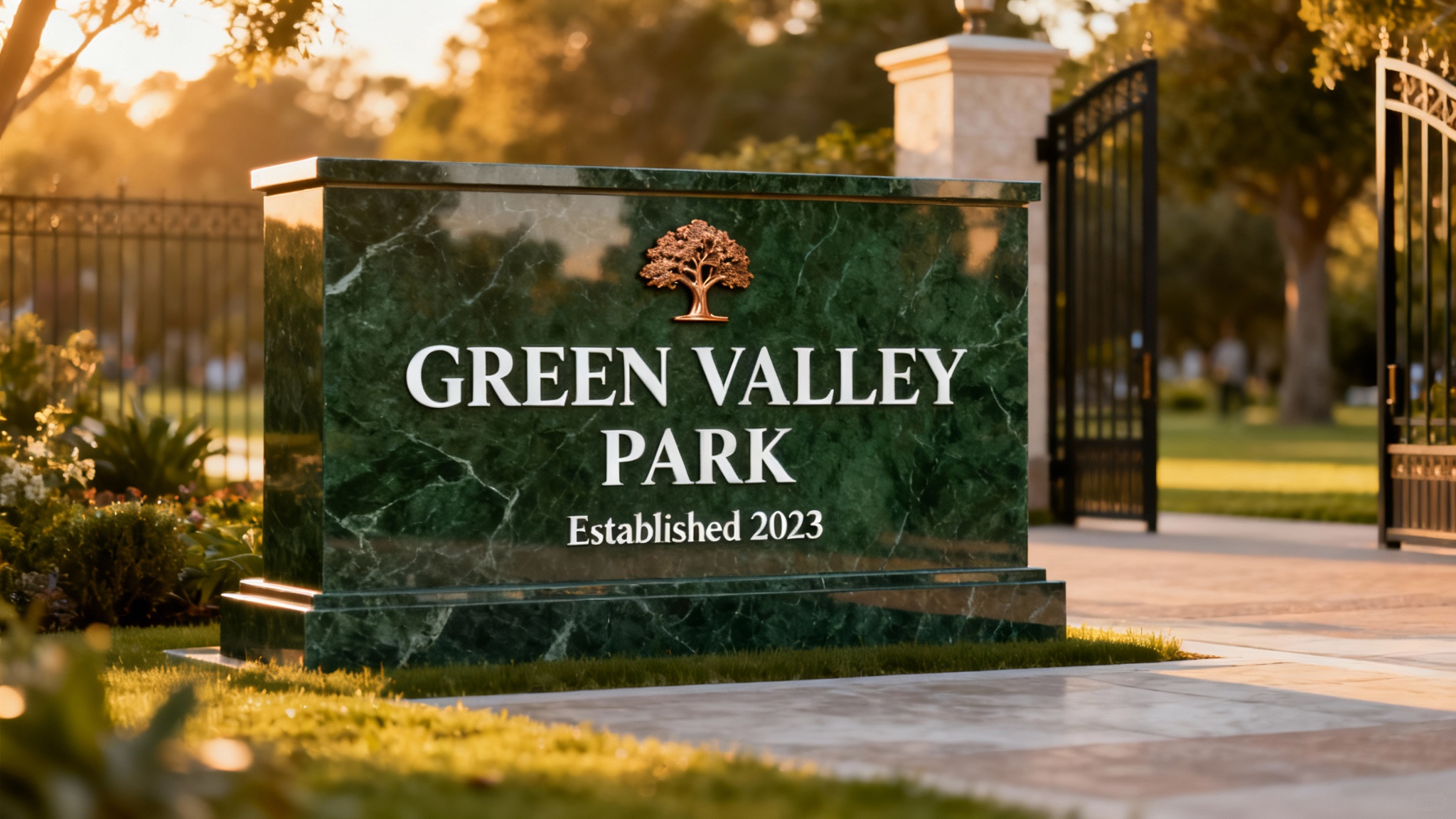 A professionally photographed monument sign for 'Green Valley Park', made of dark green stone, standing in a beautifully landscaped park at sunset.