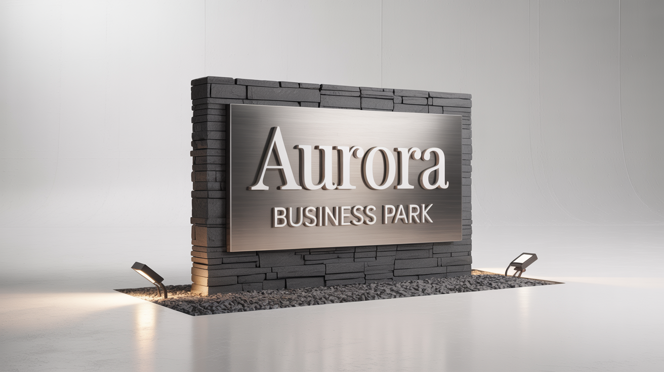 A photorealistic mockup of a modern monument sign for 'AURORA BUSINESS PARK', made of dark slate stone and brushed metal, set against a plain white background.
