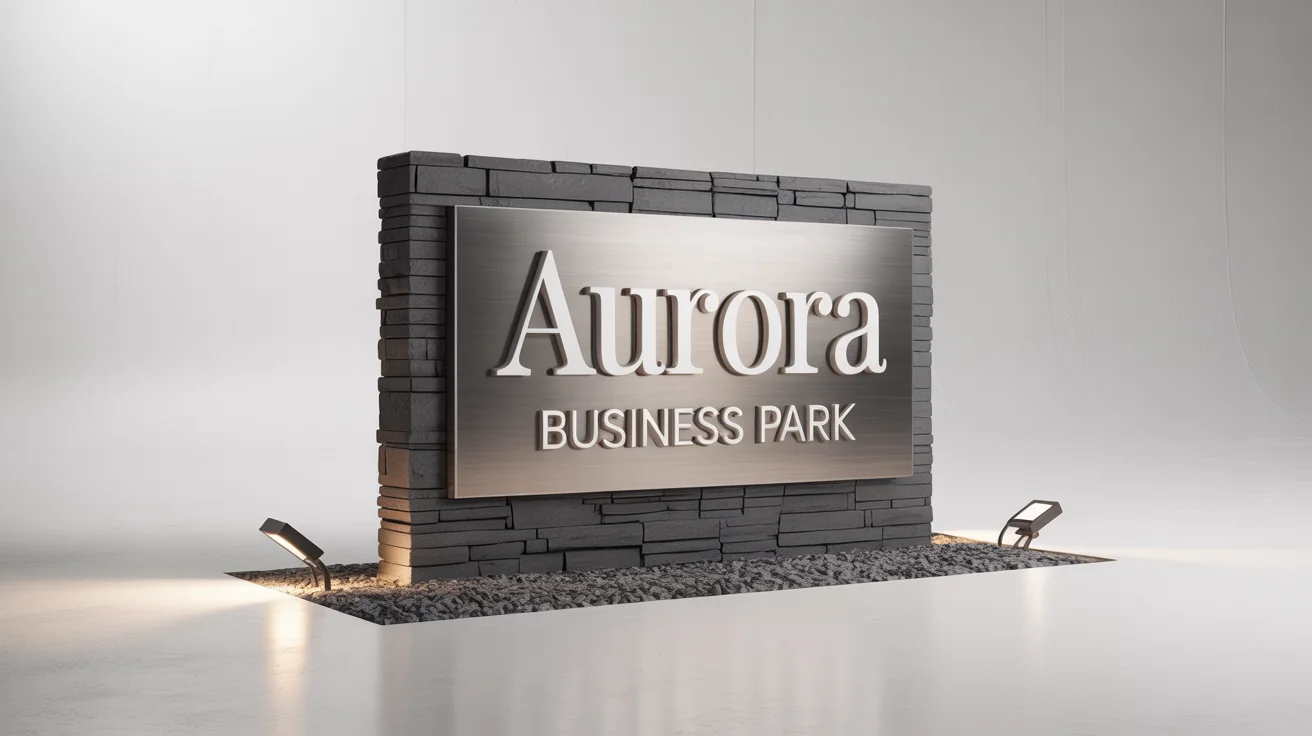 A photorealistic mockup of a modern monument sign for 'AURORA BUSINESS PARK', made of dark slate stone and brushed metal, set against a plain white background.