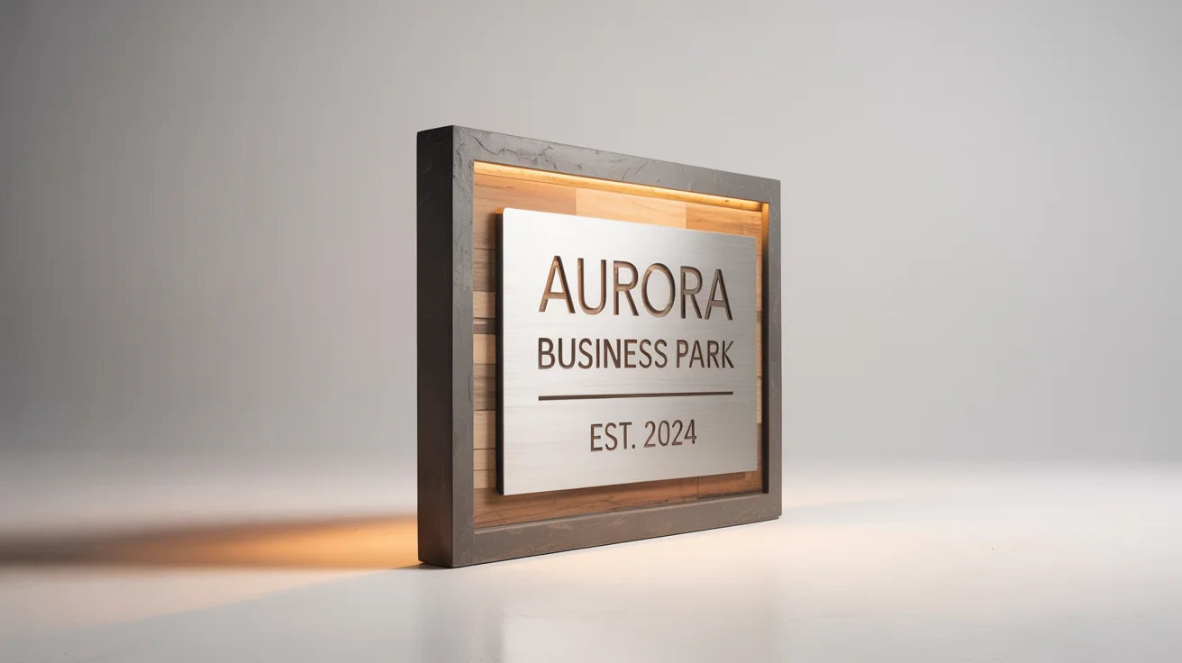 A professional mockup of a modern monument sign for 'Aurora Business Park', featuring a mix of concrete and wood textures against a plain white background.