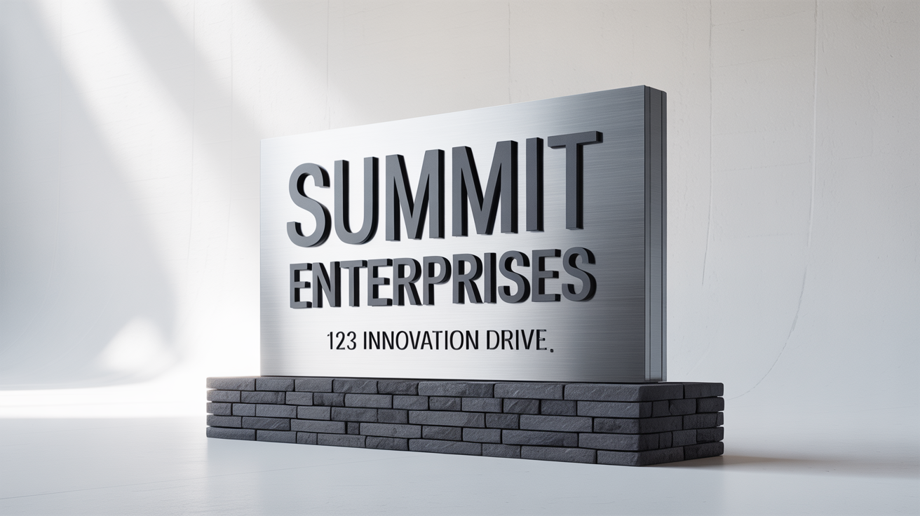 A professional mockup of a modern monument sign for 'SUMMIT ENTERPRISES' featuring a stacked stone base and a brushed metal panel, isolated on a white background.