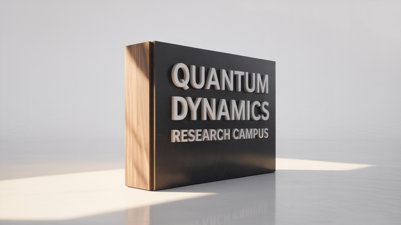 A photorealistic mockup of a modern corporate monument sign for 'Quantum Dynamics Research Campus', made of dark concrete and wood with silver lettering, presented against a white background.