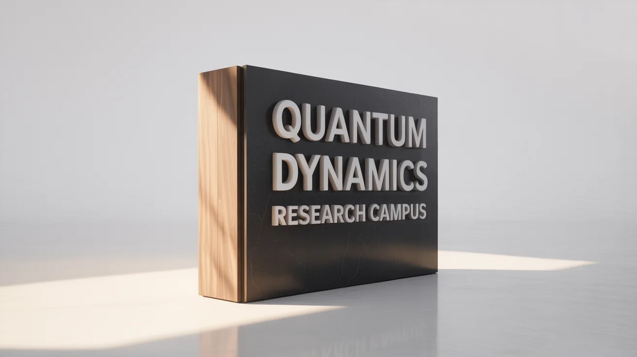 A photorealistic mockup of a modern corporate monument sign for 'Quantum Dynamics Research Campus', made of dark concrete and wood with silver lettering, presented against a white background.