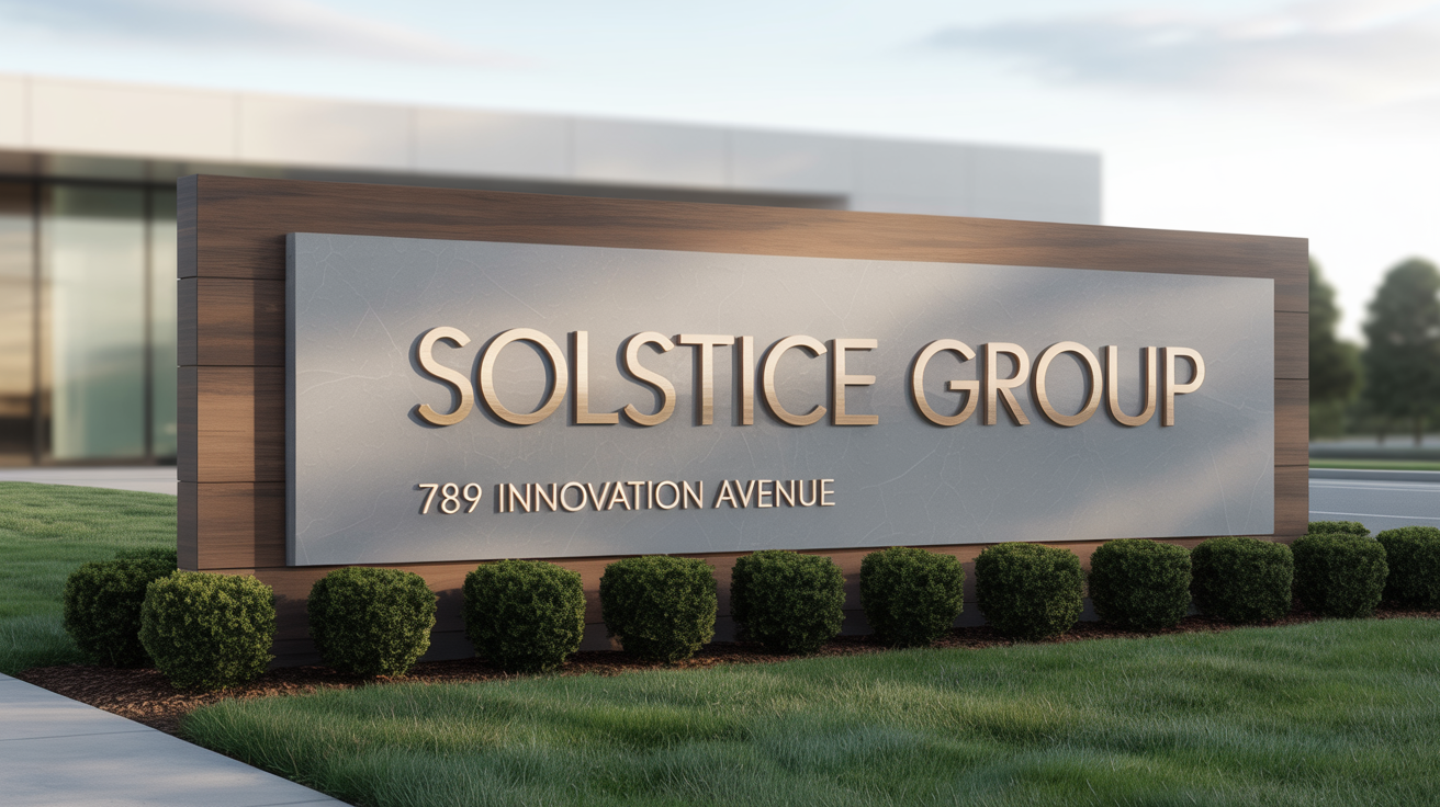 A professional mockup of a modern monument sign for 'SOLSTICE GROUP', featuring bronze lettering on concrete and wood, set in a manicured landscape.