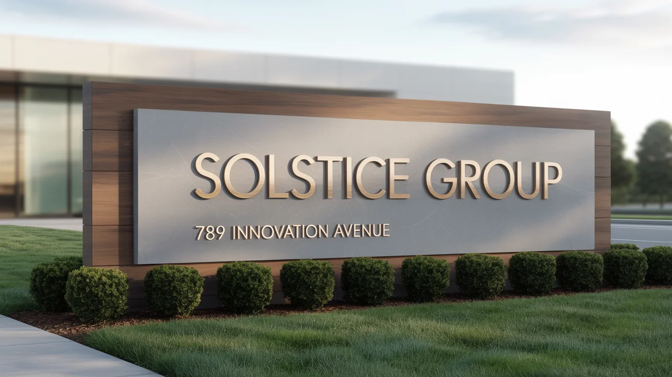 A professional mockup of a modern monument sign for 'SOLSTICE GROUP', featuring bronze lettering on concrete and wood, set in a manicured landscape.