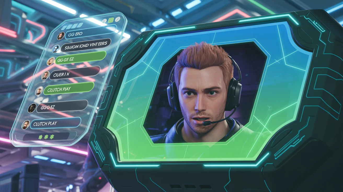 A final result of a stream overlay design, showing it in action on a live gaming stream. The overlay features a glowing hexagonal webcam frame on the right and a transparent chat box on the left, set against gameplay from a futuristic video game.